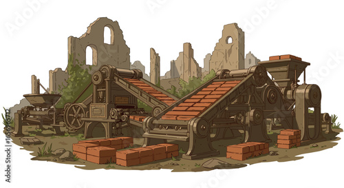 Vintage industrial machine amidst ancient ruins with brick conveyor belts