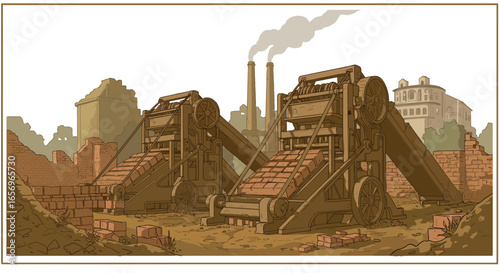 Vintage industrial machines in urban ruin setting with smokestacks