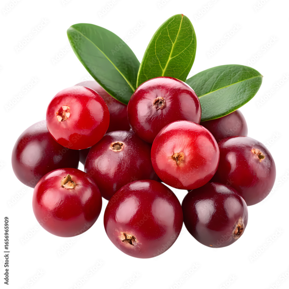 Obraz premium Pile of fresh red cranberries with green leaves isolated on transparent background