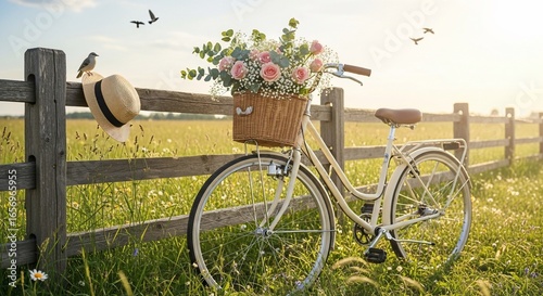 Vintage Bicycle with Roses, Hat, and Bird by a Wooden Fence in Sunlight