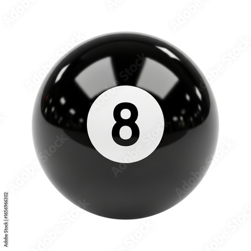 Classic black eight ball from pool set reflecting light on a smooth surface transparent background