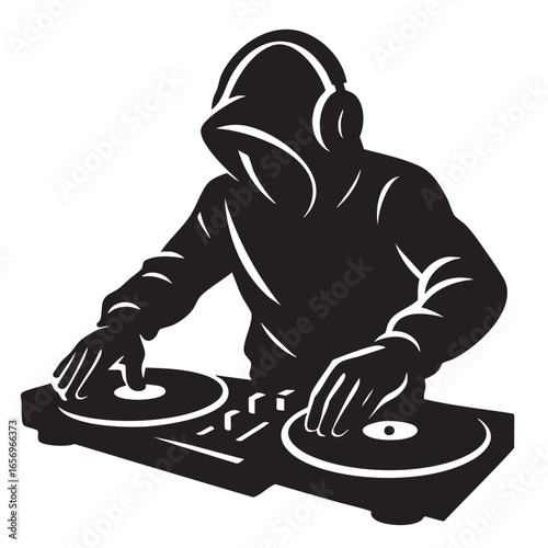 Silhouette of a DJ with Headphones Mixing Music on Turntables in a Dark Hoodie Black