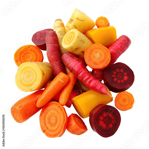 Colorful assortment of sliced root vegetables.  A vibrant heap of sliced carrots, parsnips, and beets in various shades of orange, yellow, and red.  Close-up, top view