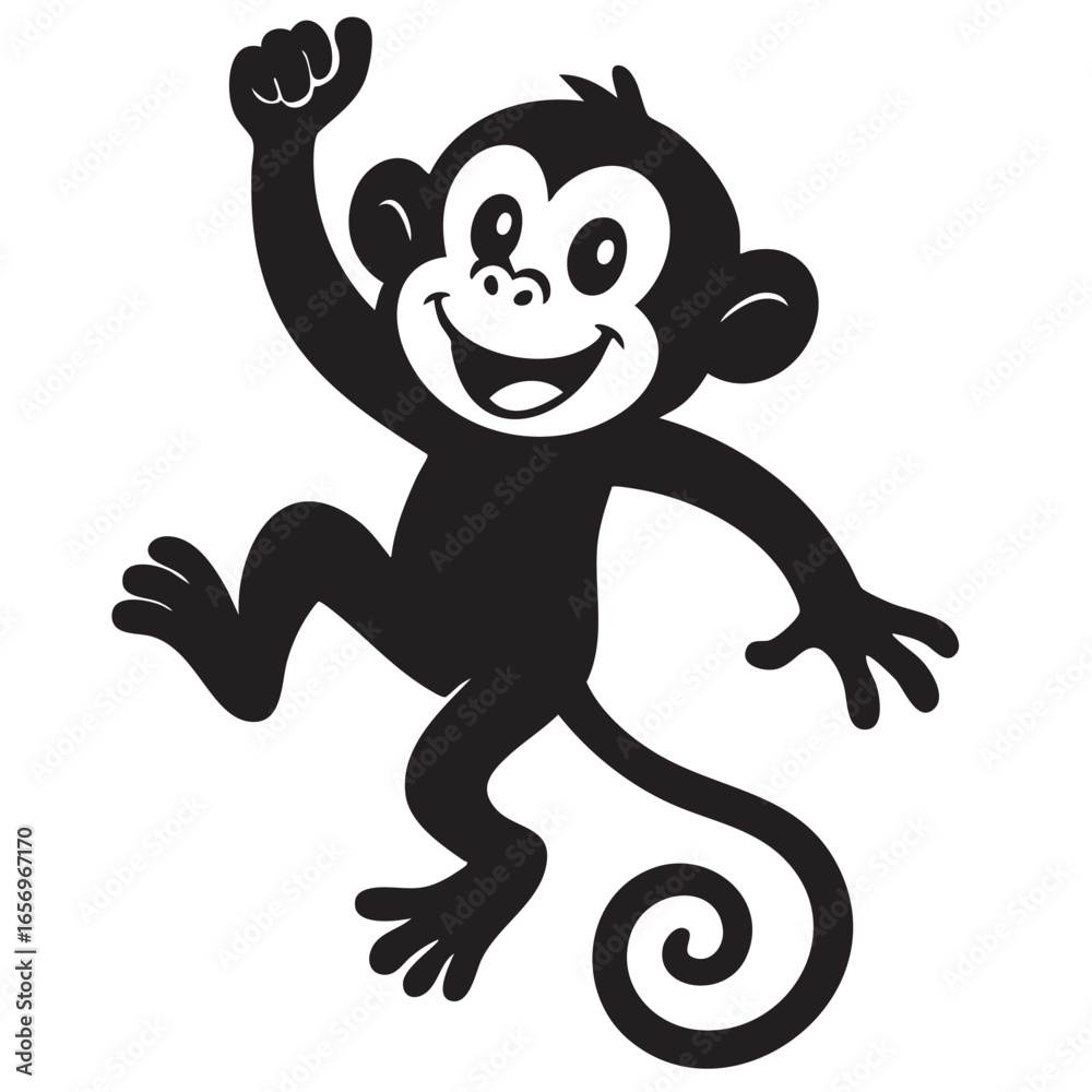 Obraz premium Playful Monkey Cartoon Silhouette with Raised Hand and Smiling Face on a White Background black