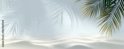 Minimalist Beach Scene Palm Shadow, White Waves, 3D Render, Summer, Tropical Summer, Tropical