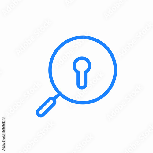 magnifying glass with a keyhole silhouette inside search for a key access solution icon sign vector