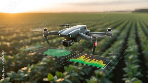 A drone surveying a vast green field.