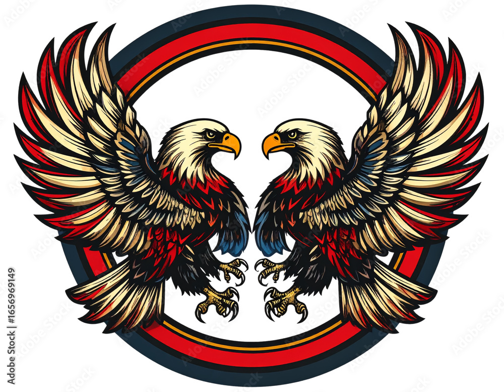 Obraz premium Two Eagles in Symmetrical Heraldic Pose with Wings Outstretched