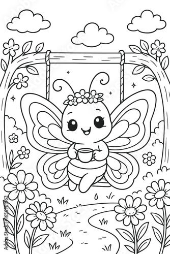 Adorable butterfly with a teacup enjoying a swing in a whimsical garden