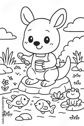 Adorable kangaroo feeds fish in a pond surrounded by nature illustration