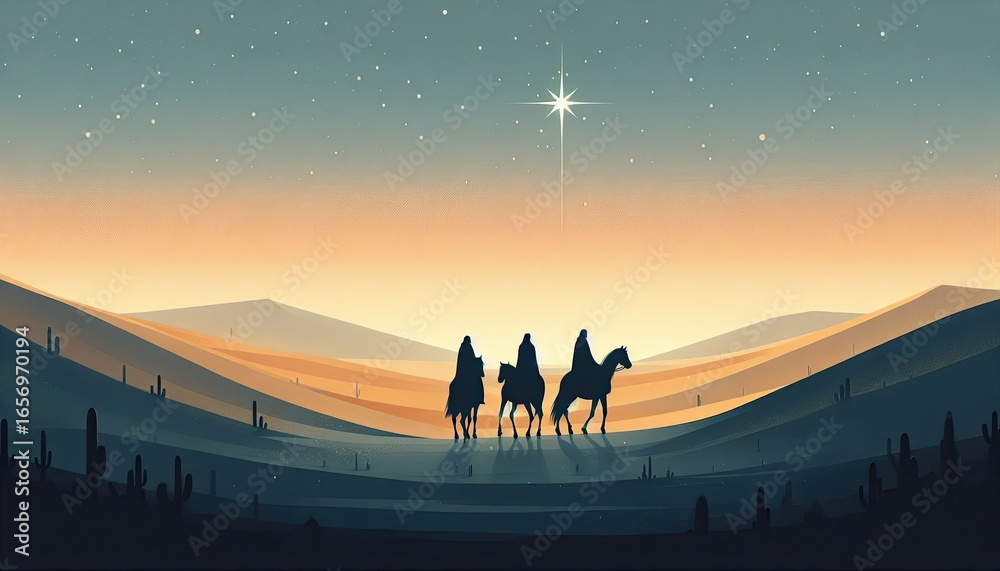 Fototapeta premium Three wise men christmas nativity scene illustration desert star of bethlehem art