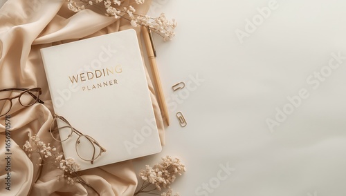 Wedding planner notebook with glasses, pen, rings and flowers on silk fabric, flat lay composition, elegant and aesthetic style on white background