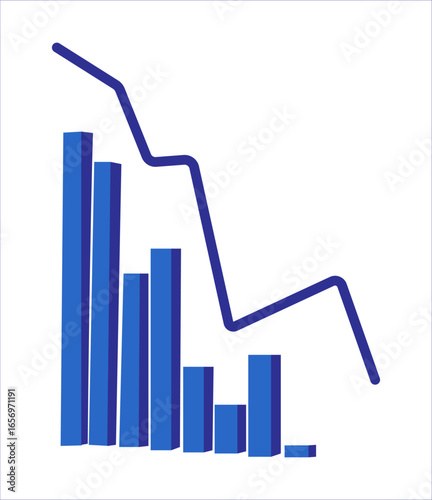 Blue 3d bar chart and line graph showing a downward trend