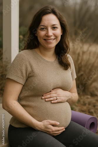Smiling pregnant caucasian adult female sitting outdoors with yoga mat