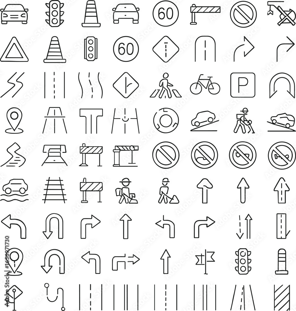 Naklejka premium Road signs and traffic symbols icon set with cars, arrows, traffic lights, barriers, pedestrians, parking, speed limit, and construction.