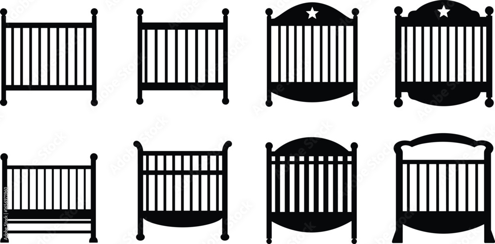 Baby crib silhouette vector set, nursery bed, infant cot, wooden cradle, childcare furniture, bedroom design, newborn sleep, and safety. Baby crib silhouette vector set, nursery bed, infant cot, wooden cradle, childcare furniture, bedroom design, newborn sleep, and safety.