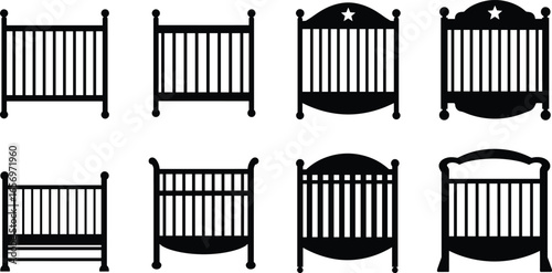 Baby crib silhouette vector set, nursery bed, infant cot, wooden cradle, childcare furniture, bedroom design, newborn sleep, and safety.