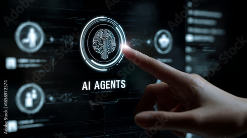 Human finger touching digital brain interface for ai agents artificial intelligence technology