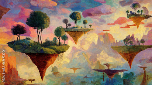 Surreal Floating Islands and Dreamlike Landscape – Artistic Painterly Impressionist Style