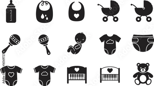 Baby care icons set with bottle, bibs, stroller, rattle, onesie, diaper, crib, and teddy bear. Vector symbols for childcare.