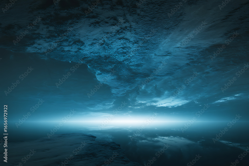 Naklejka premium Dramatic dark stormy sky illuminated by a powerful bright light from below creating an otherworldly atmosphere