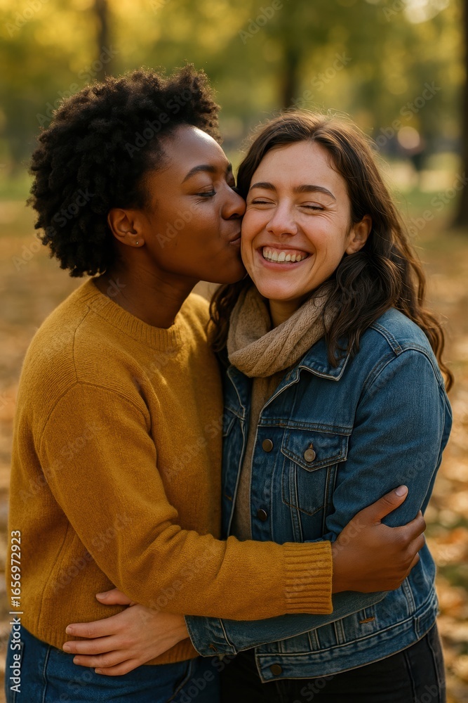 Fototapeta premium Caucasian and african young females embrace in park with autumn leaves and joyful expressions