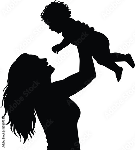 Mother holding baby silhouette illustration. Loving mom lifting child in arms, family bond, parenthood, motherhood, care, happiness, and affection.