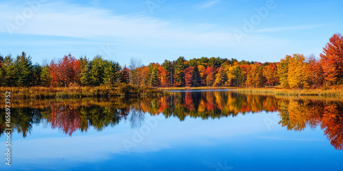 Serene lake reflecting autumn colors under clear skies Generative AI