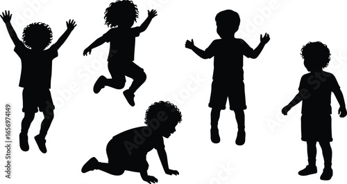 Kids silhouettes set. Children playing, jumping, crawling, standing, moving. Active childhood, fun activity, happy playtime vector illustration isolated.