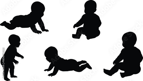 Baby silhouettes set in different poses. Crawling, sitting, standing, and playing infants. Vector child development and childhood growth concept.
