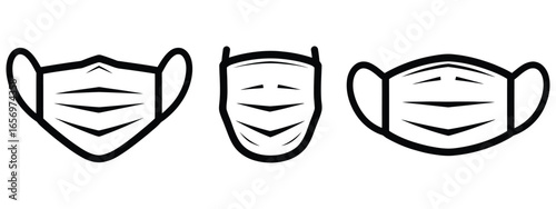 Three stylized black medical face masks displayed side by side, representing health and safety