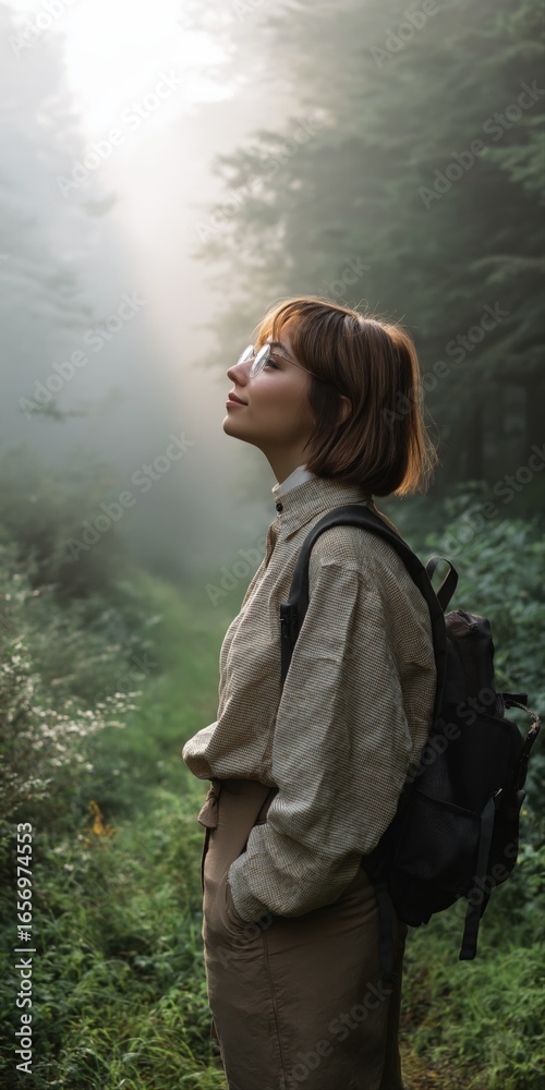 Naklejka premium Young caucasian female exploring misty forest in morning light