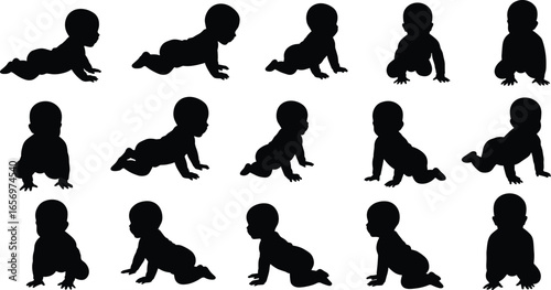 Baby silhouettes in crawling, sitting, and moving positions. Infant development, toddler growth, child milestones. Vector illustration set of babies in action.