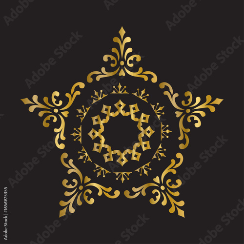 Golden floral star mandala icon with ornamental decorative pattern, elegant abstract gold star design on black background