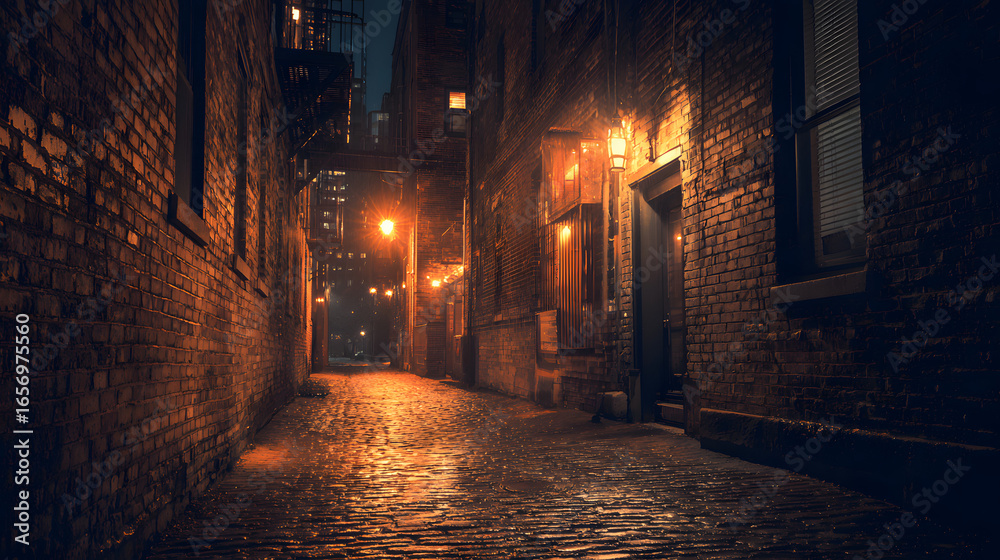 Fototapeta premium Dark and scary vintage cobblestone brick city alley at night in Chicago, Generative Ai