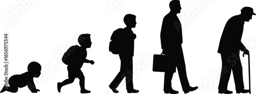 Male life stages silhouette from crawling baby to schoolboy, working adult, and elderly man with cane, growth and aging illustration