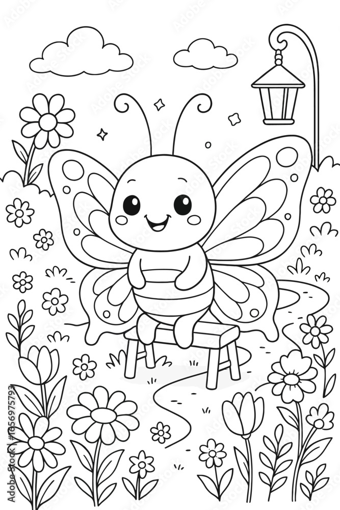 Fototapeta premium Cute butterfly sitting on a bench in a garden coloring page illustration