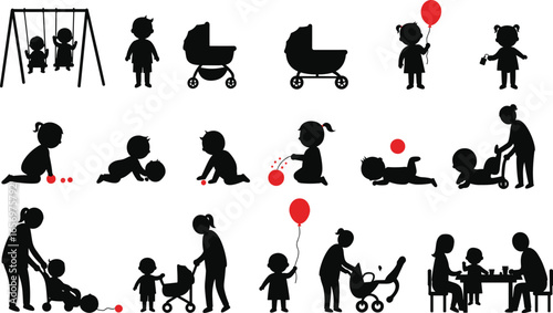 Children playing, toddlers crawling, babies in strollers, kids swinging, family activities, parent and child bonding, outdoor fun, childhood silhouettes illustration