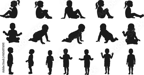Baby and toddler silhouette set, sitting, crawling, standing poses, child development stages, black vector illustration, isolated children growth and movement design