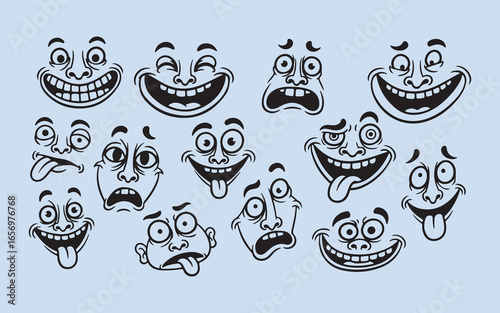 Collection of hand drawn cartoon faces expressing various emotions