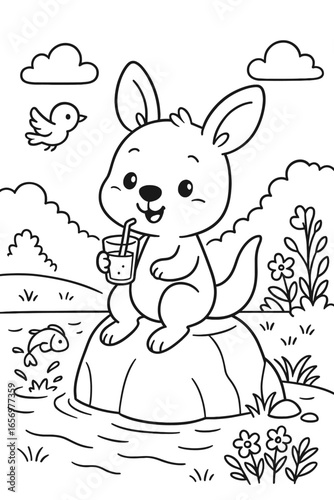 Cute kangaroo drinking juice on a rock with bird and fish illustration