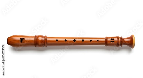 Classic wooden recorder on a white background, musical instrument studio shot.