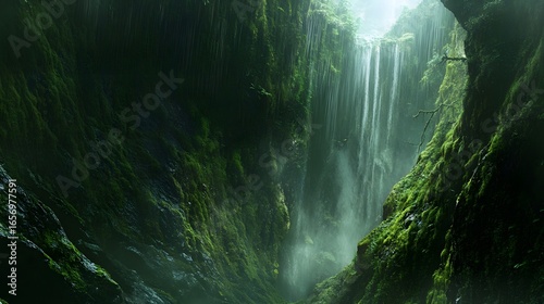 Lush Green Waterfall Cave: Nature Photography of Tropical Rainforest