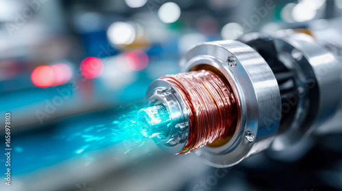 Close-up of an electric motor with glowing blue light effects