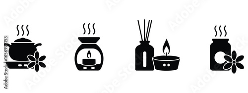 Relaxing spa elements like aromatherapy diffuser, candle, and floral motifs create a serene atmosphere for wellness.