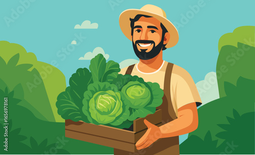 Smiling farmer with beard and hat holding box of freshly harvested lettuce, illustration about agriculture, organic food, rural life, sustainability and healthy nutrition.