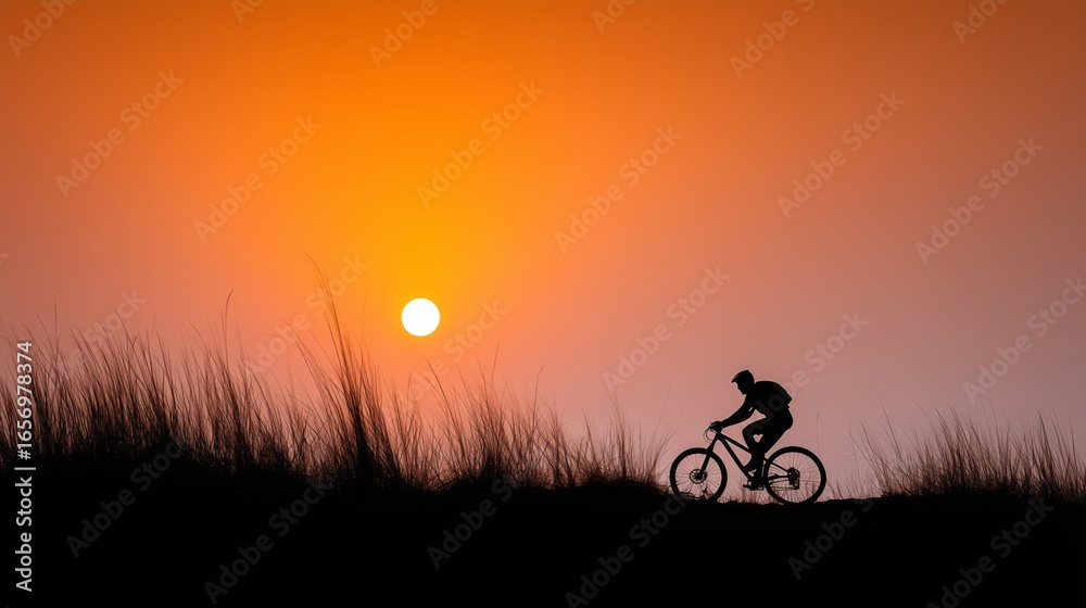 Obraz premium Man riding bicycle in silhouette at sunset. Cyclist on a bike with golden sun in orange sky. Concept of freedom and sport.