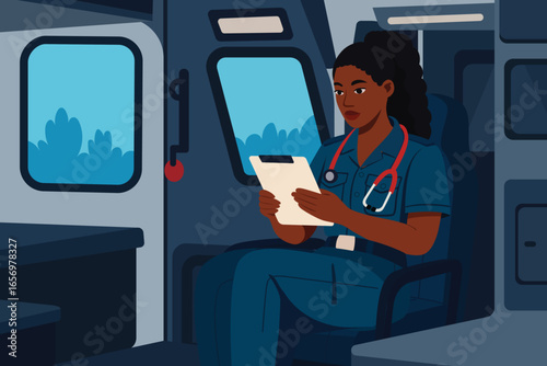 African-American paramedic inside an ambulance, reviewing medical documents on a clipboard. First aid, professional mobile medical care, and patient support.