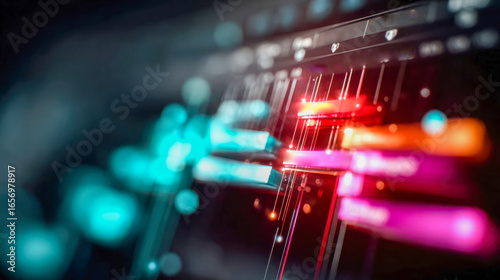 Colorful abstract digital timeline with neon bars and blurred light effects