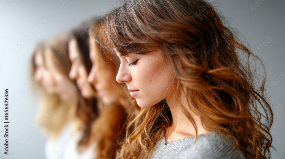 Naklejka premium Side profile sequence of women illustrating different stages of hair loss progression